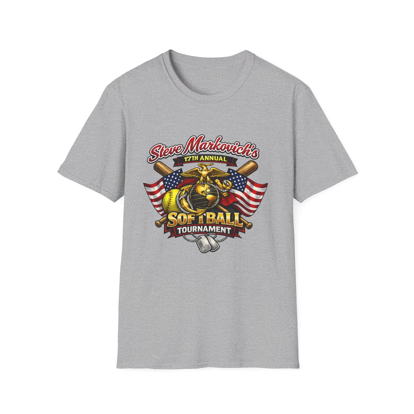Softball Tournament T-Shirt — "Steve Markovich's 17th Annual" with American Flag