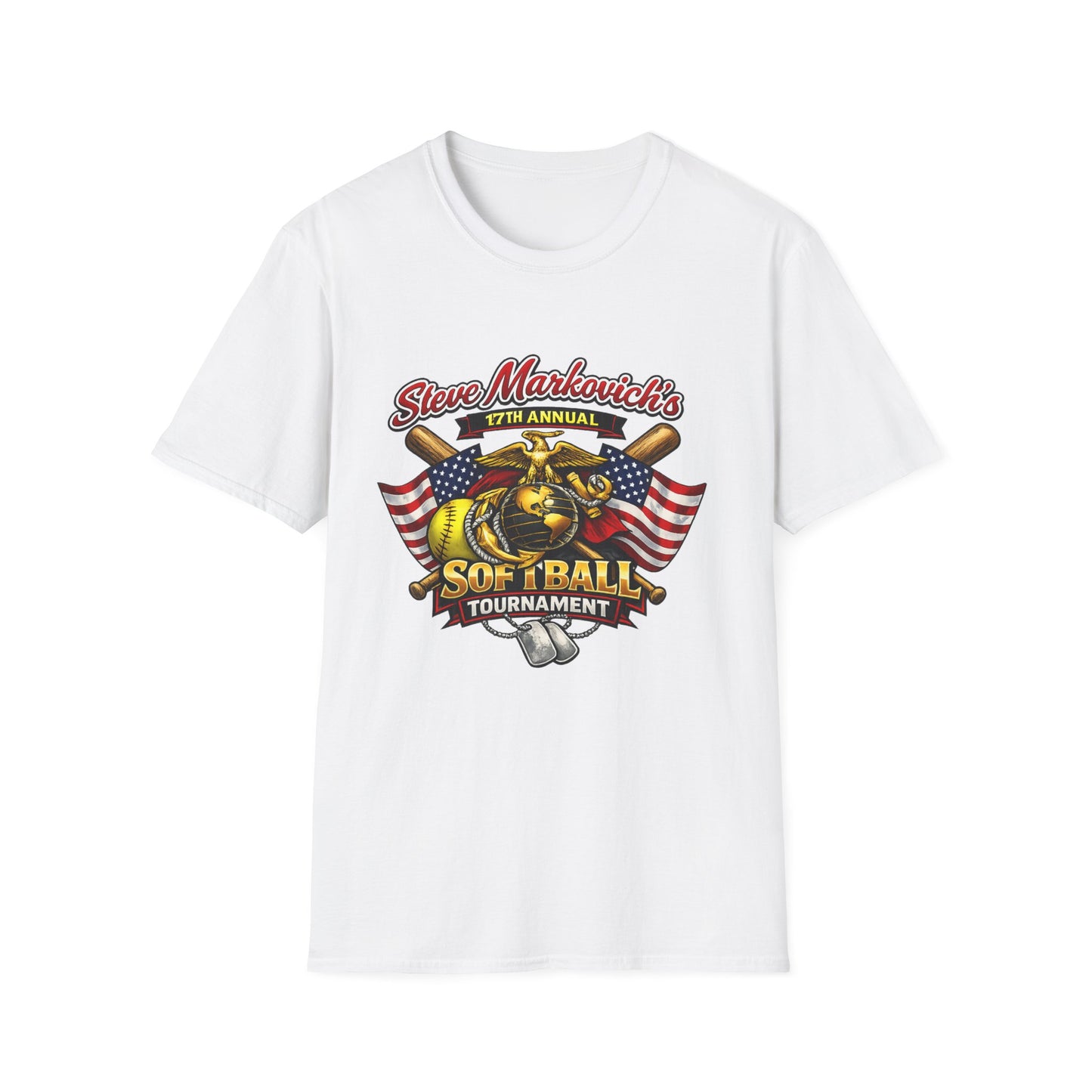 Softball Tournament T-Shirt — "Steve Markovich's 17th Annual" with American Flag