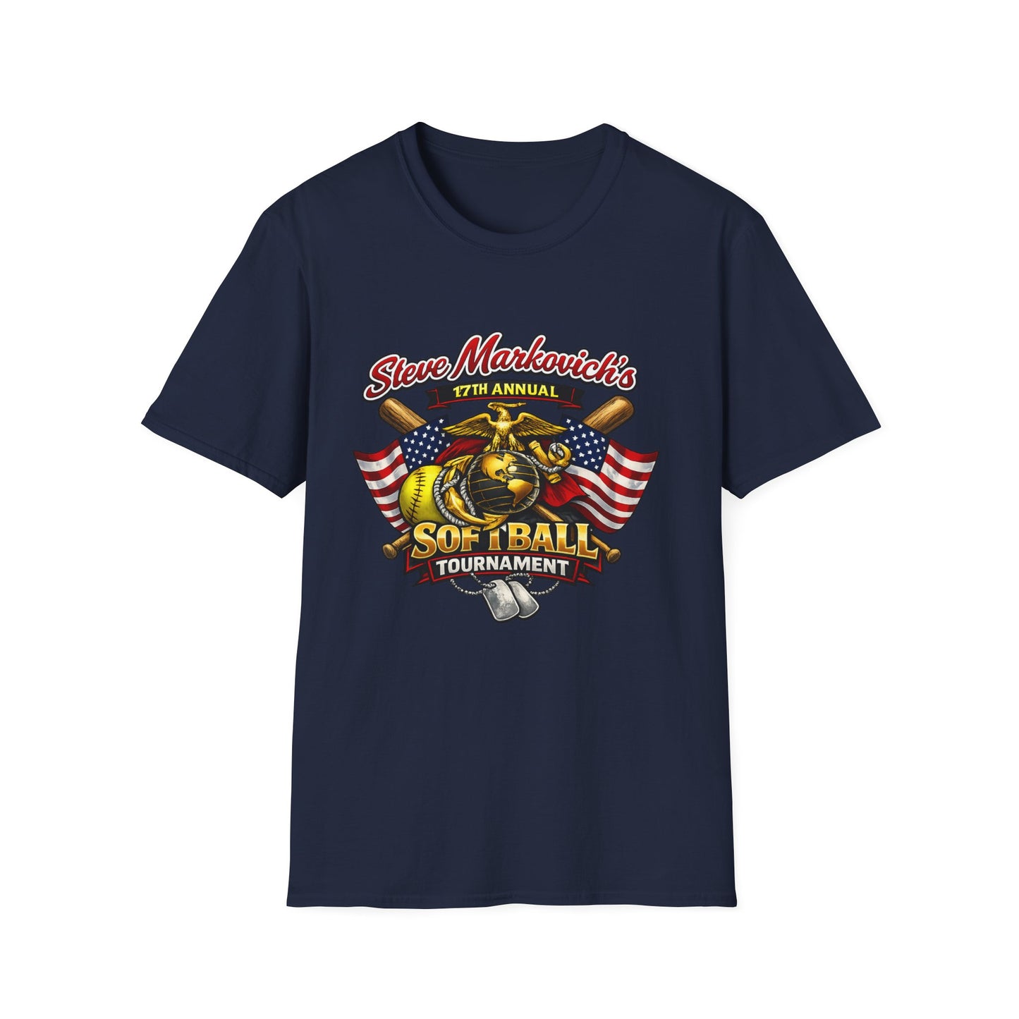 Softball Tournament T-Shirt — "Steve Markovich's 17th Annual" with American Flag