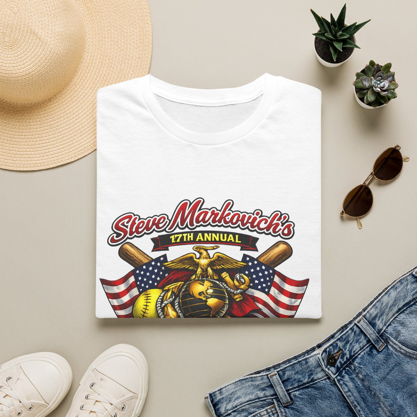 Softball Tournament T-Shirt — "Steve Markovich's 17th Annual" with American Flag