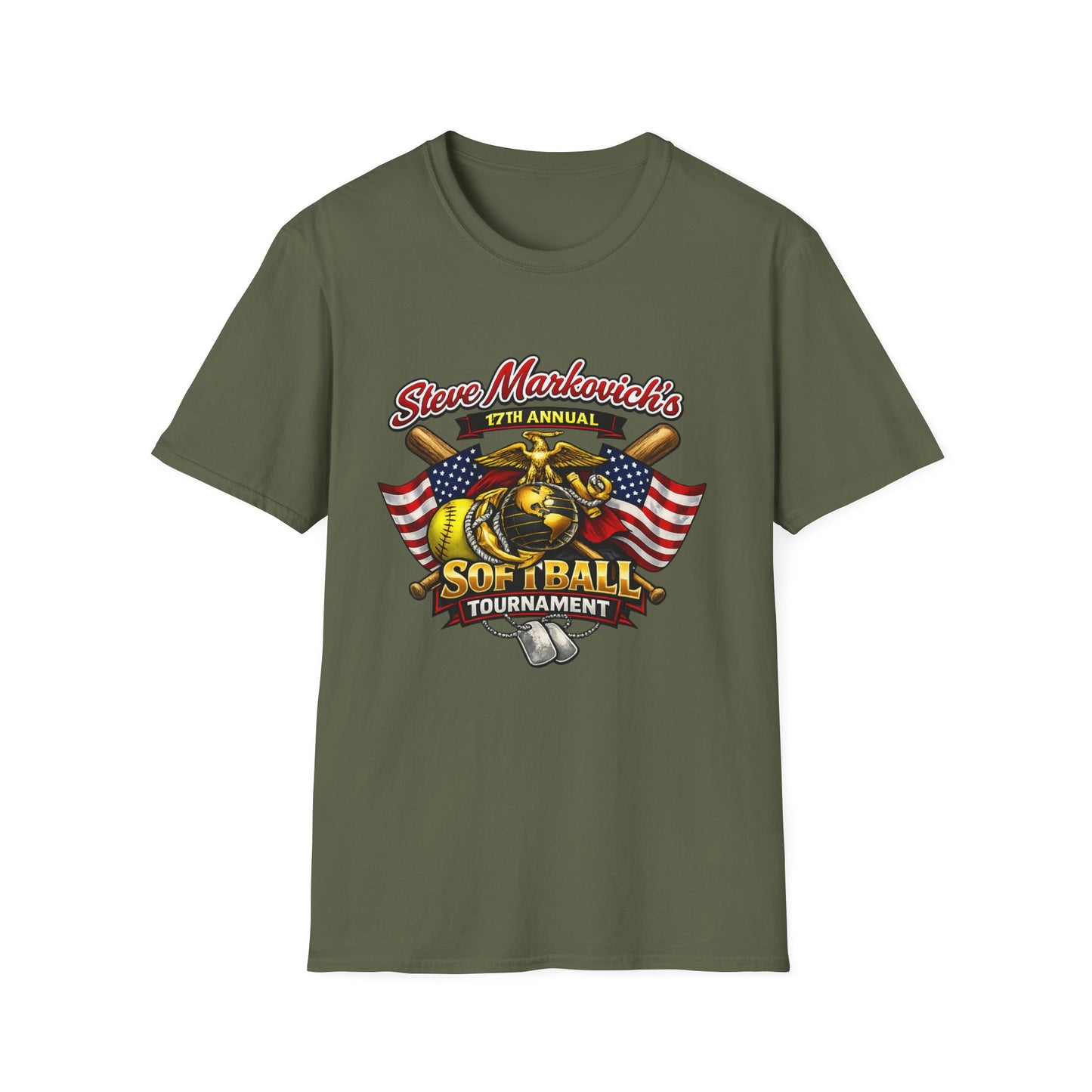 Softball Tournament T-Shirt — "Steve Markovich's 17th Annual" with American Flag